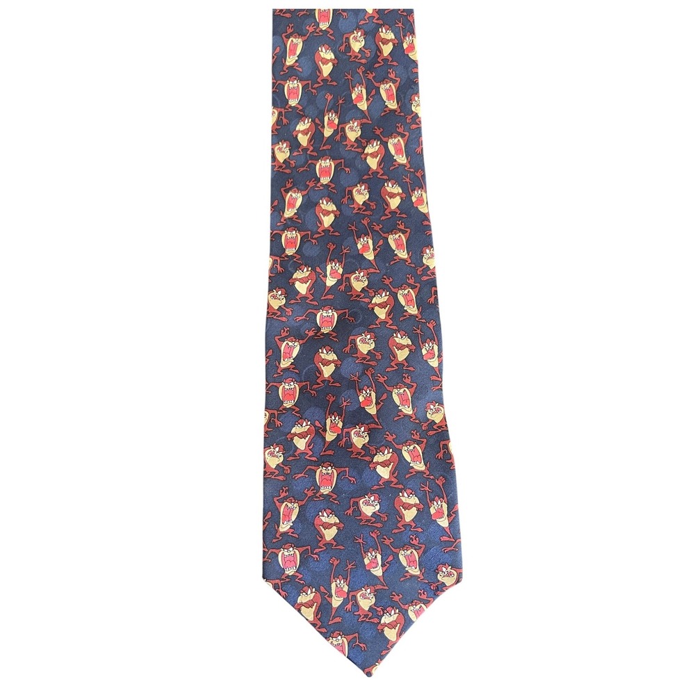 Vintage 90s Looney Tunes Mania Taz Tasmanian Devil Silk Tie Navy Blue‎ Polka Dot